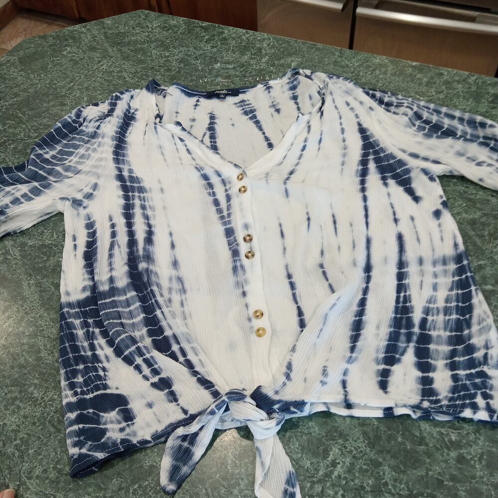 Angels Blue White Short Sleeve Tie-Dye Cropped Tie-Front Blouse Top Boho Beach